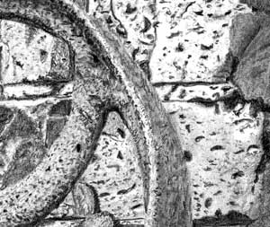 detail of wheel and brickwork in pencil drawing