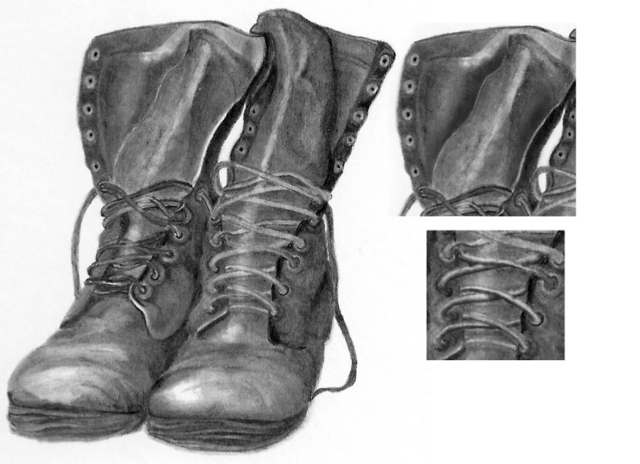 Old leather boots in graphite pencil drawing