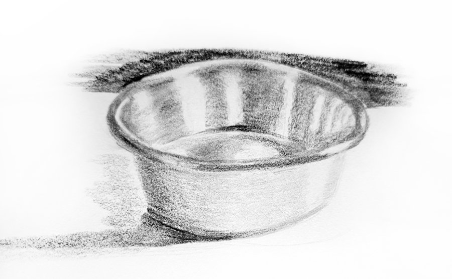 Satin alluminium cat food bowl drawing in graphite pencil