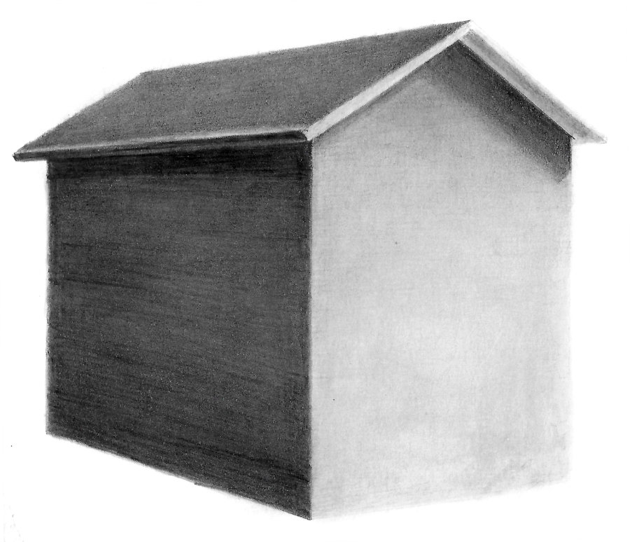 Pencil drawing of a shaded and blended house or shed